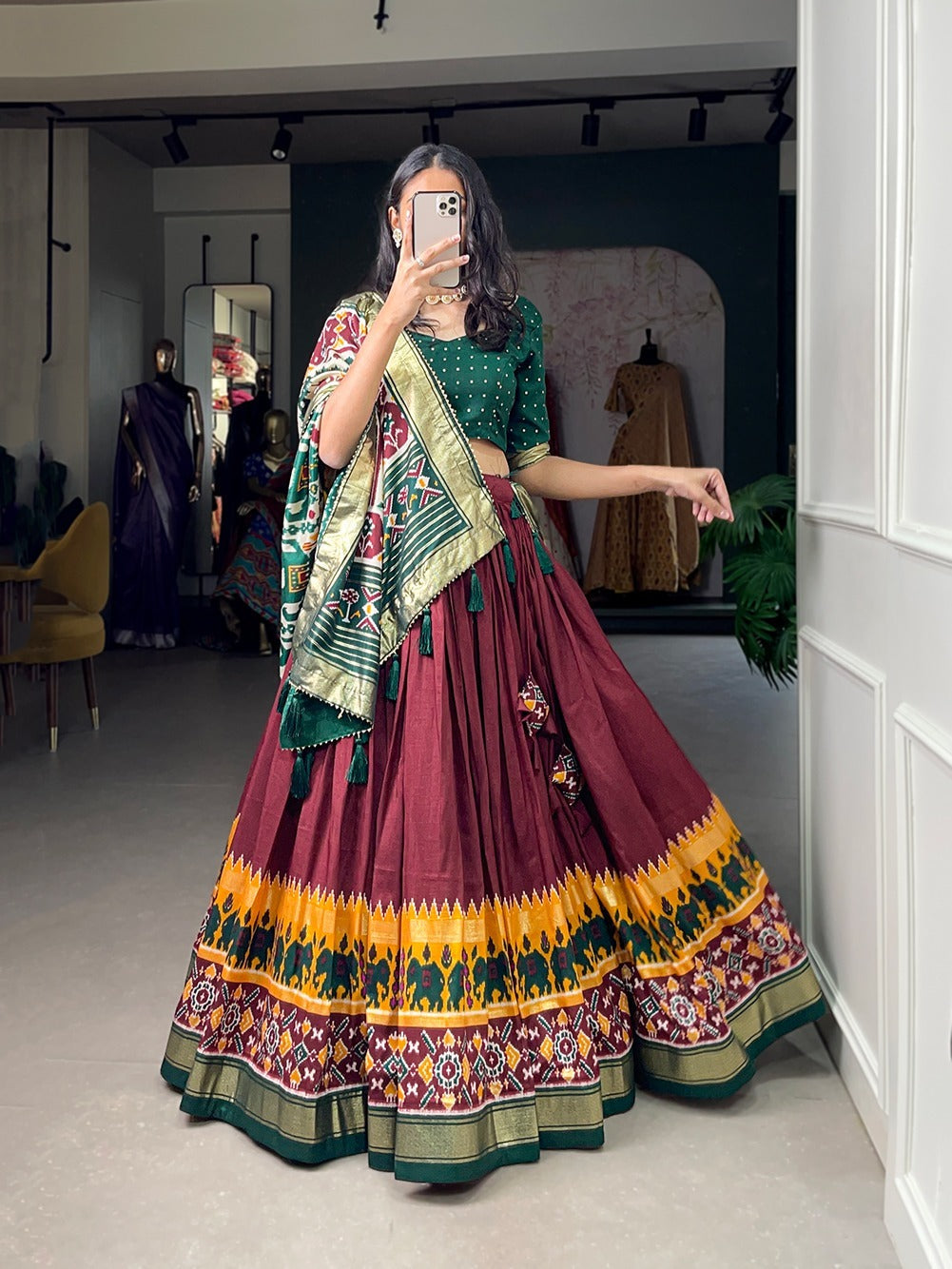 Green and brown foil work  lehenga choli with Tussar Silk dupatta