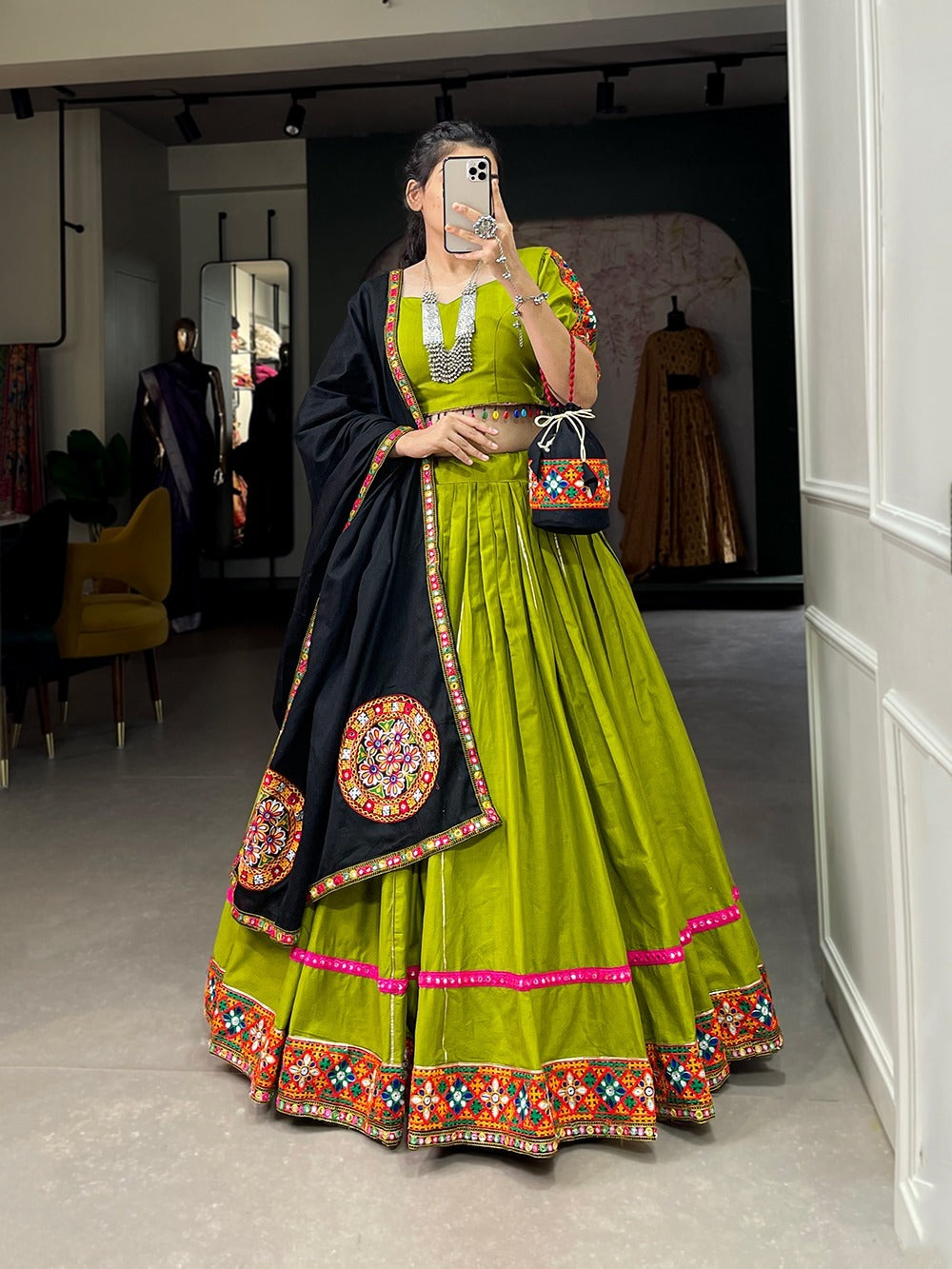 Green Gamthi Work  lehenga choli with  Pure Cotton dupatta