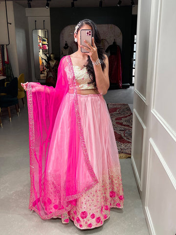 Pink  Embroidery Sequins Work  lehenga choli with  Net dupatta