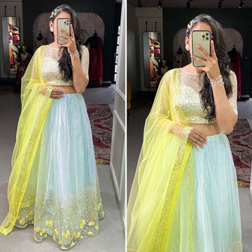 Yellow  Embroidery Sequins Work  lehenga choli with  Net dupatta