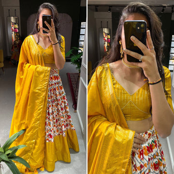 Yellow   Patola Print with foil work   lehenga choli with  Dola Silk dupatta