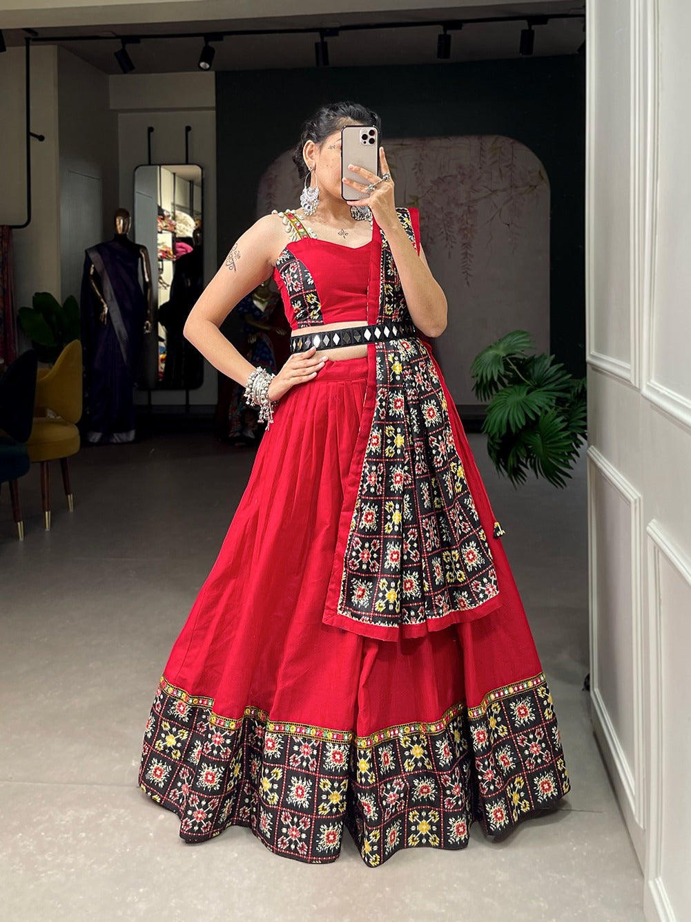 Red  Patola Print With Paper Mirror Work lehenga choli with  Pure Cotton dupatta