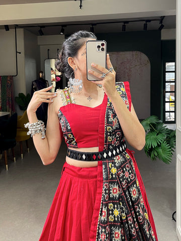 Red  Patola Print With Paper Mirror Work lehenga choli with  Pure Cotton dupatta