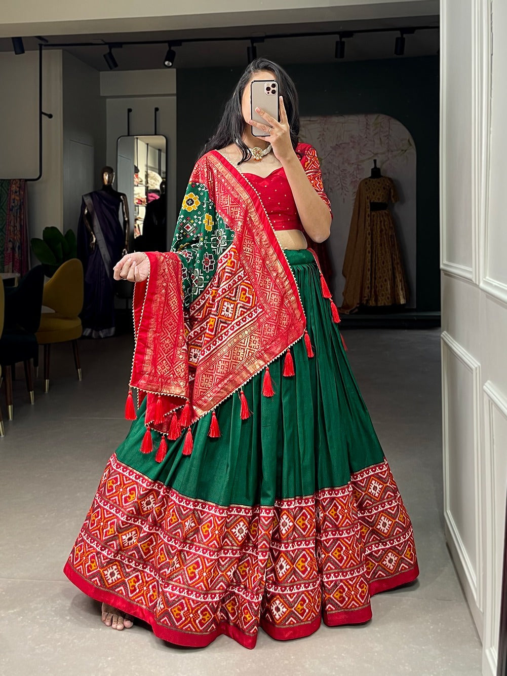 Green Patola Print With foil work  lehenga choli with  Dola Silk dupatta