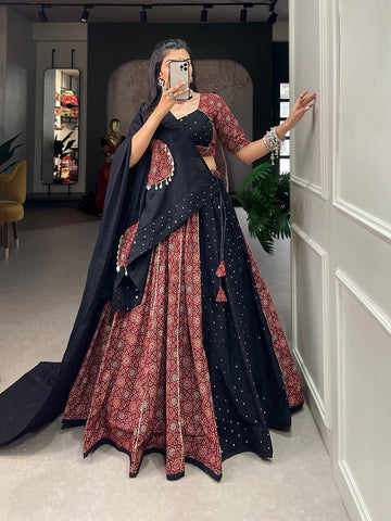 Black  Bandhej With Foil Printed lehenga choli with Cotton dupatta