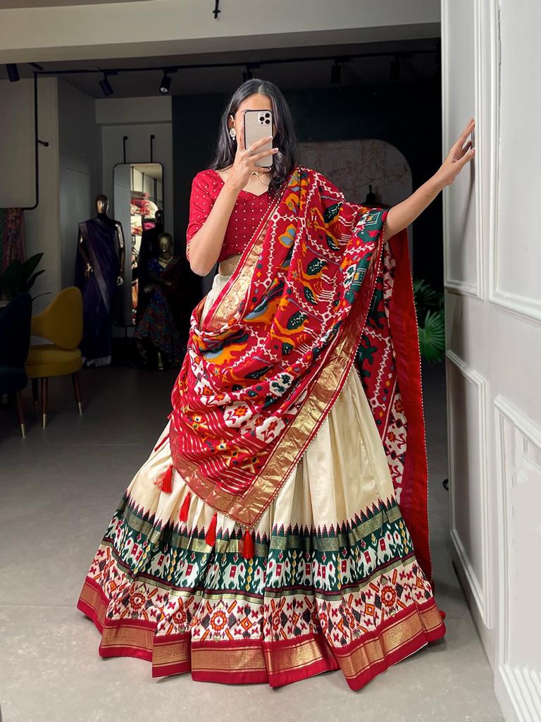 Off white Patola Print With foil work  lehenga choli with Tussar Silk  dupatta