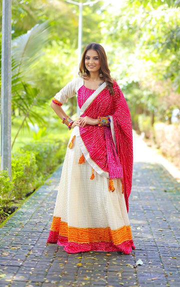 Off white and Multicolor Weaving Design and Bandhej Print Border  lehenga choli with Rayon   dupatta