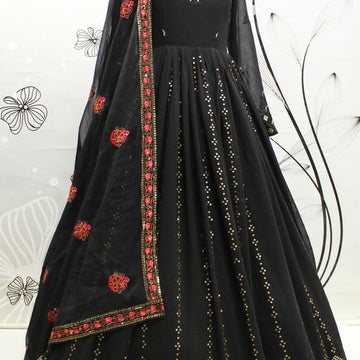 Black Georgette   Embroidery Sequence Work  Anarkali Flared Long Wedding Wear Gown