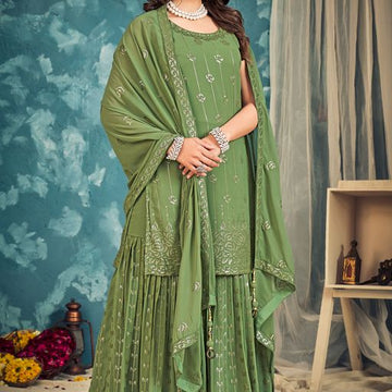 green Georgette with thread ,Sequence Zari Embroidery Work Designer Kurti For Women