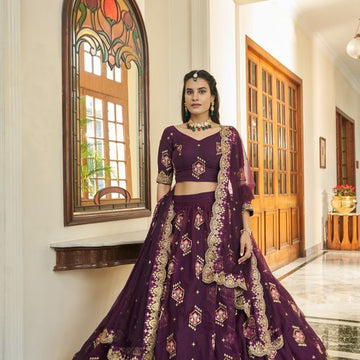 Purple Zari, Thread & Sequins Embroidery Work  lehenga choli with  Butterfly Net  dupatta