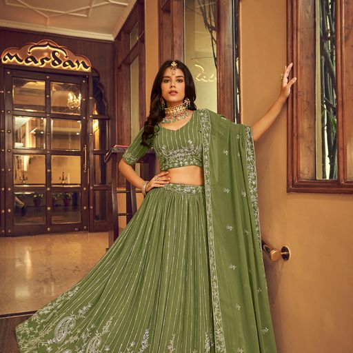 Green Viscose Thread & Sequins Embroidery Work lehenga choli with Faux Georgette dupatta