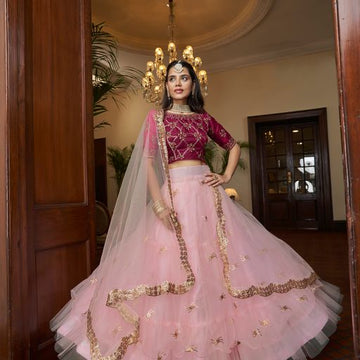 Pink Thread & Sequins Embroidery Work  lehenga choli with  Net  dupatta