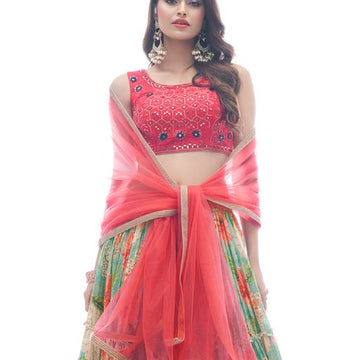 Designer Pink and Green color lehenga choli with   Thread and Mirror  Work    wedding party wear lehenga choli with dupatta