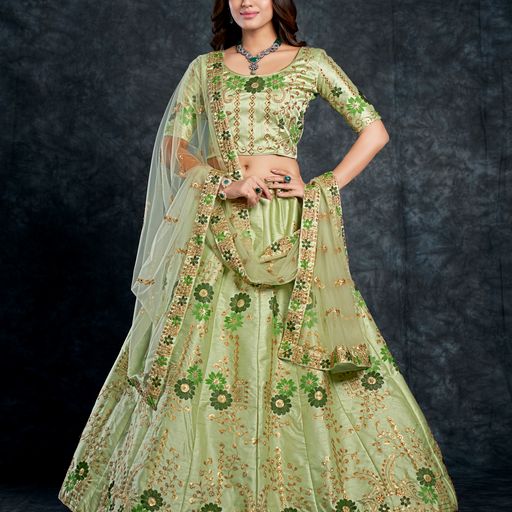 Pista Green  Diamond,Zari, Thread & Sequins Embroidery Work  lehenga choli with  Butterfly Net  dupatta