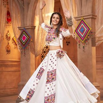 WHite Thread,  Embroidered with all over mirror  Work  lehenga choli with  Viscose Rayon dupatta