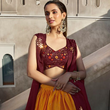 Designer Orange and Wine color lehenga choli with  Embellished Mirror Work wedding party wear lehenga choli with dupatta