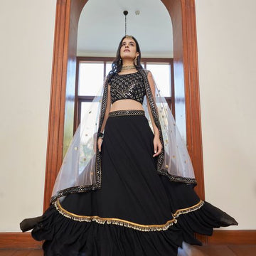 Black  Dori, Mirror, Zari & Sequins Embroidery Work  lehenga choli with Net dupatta