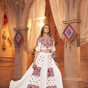 WHite Thread,  Embroidered with all over mirror  Work  lehenga choli with  Viscose Rayon dupatta