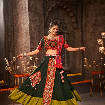 Green Thread,  Embroidered with all over mirror  Work  lehenga choli with  Viscose Cotton dupatta