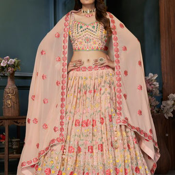 Designer Peach color lehenga choli with Mirror   Hand  Work    wedding party wear lehenga choli with dupatta