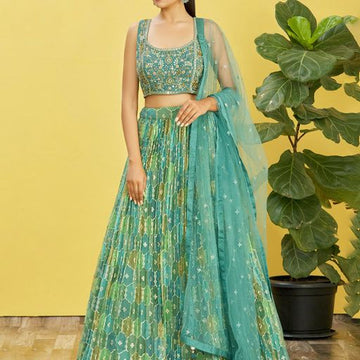 Green Real Mirror with Thread, Zari, Sequins Embroidered And Digital Print Work  lehenga choli with  Soft  Net  dupatta