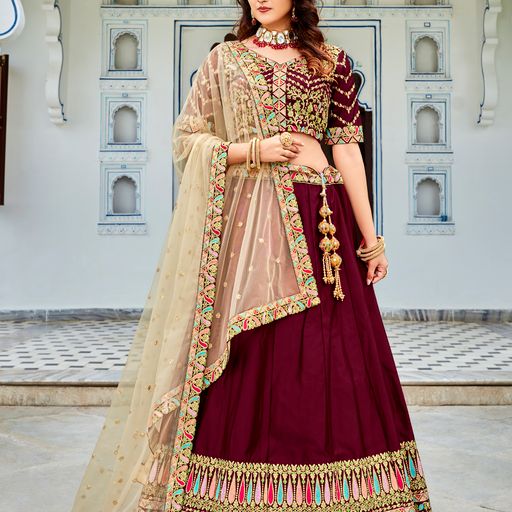 Maroon Sequins & Multi Embroidery Work lehenga choli with Net dupatta