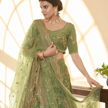 Pista Green Multi Thread Work With Sequins & Zari Work lehenga choli with Net dupatta