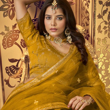 Yellow Hand Work, Zari & Sequins Embroidery Work lehenga choli with Net dupatta