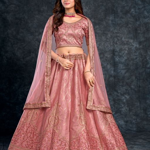 Peach  Diamond,Zari, Thread & Sequins Embroidery Work  lehenga choli with  Butterfly Net  dupatta