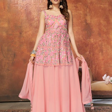 Pink Georgette with Zari ,resham Sequence and Mirror work Designer Peplum For Women