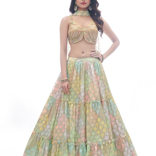 Designer Multi color lehenga choli with  Thread , Digital Print , Hand Work  Thread and Mirror  Work   wedding party wear lehenga choli with dupatta