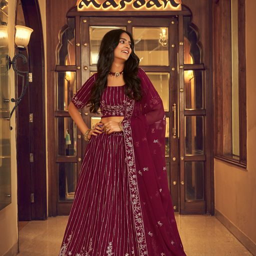 Wine Viscose Thread & Sequins Embroidery Work lehenga choli with Georgette dupatta