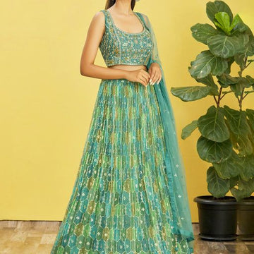 Green Real Mirror with Thread, Zari, Sequins Embroidered And Digital Print Work  lehenga choli with  Soft  Net  dupatta