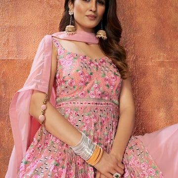 Pink Georgette with Zari ,resham Sequence and Mirror work Designer Peplum For Women