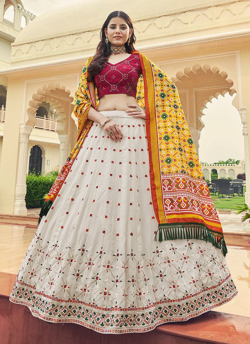 White Sequence Lehenga with Hot Pink choli and Dupatta - Curious Village