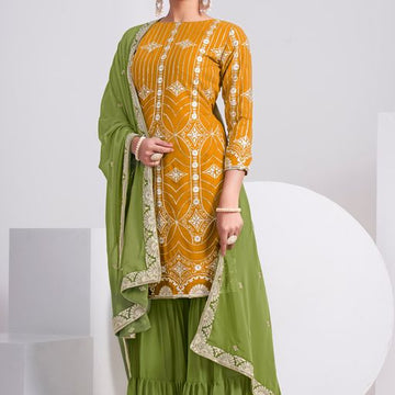 Yellow Thread & Sequins Embroidery Work   Plazzo suit  For Women