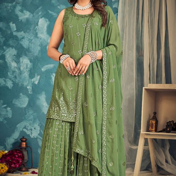 green Georgette with thread ,Sequence Zari Embroidery Work Designer Kurti For Women