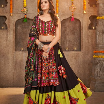 Black Thread Embroided with all over Mirror  work lehenga choli with Cotton dupatta