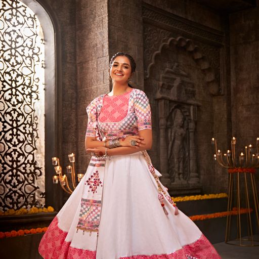 White Thread,  Embroidered with all over mirror  Work  lehenga choli with  Cotton  dupatta