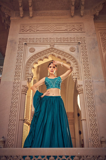 Designer Teal Blue color lehenga choli with  Embroidery Mirror , Thread work  wedding party wear lehenga choli with dupatta