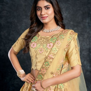 Light Yellow Diamond,Zari, Thread & Sequins Embroidery Work  lehenga choli with  Butterfly Net  dupatta