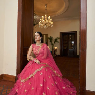 Pink  Thread & Sequins Embroidery Work  lehenga choli with  Net  dupatta