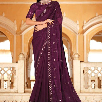 Purple Chinon Silk  saree for women wedding  wear party wear designer sarees