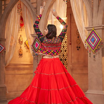 Red Thread,  Embroidered with all over mirror  Work  lehenga choli with  Viscose Rayon dupatta