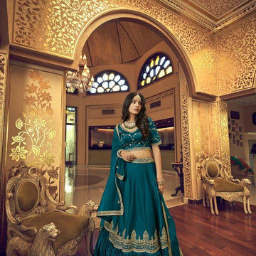 Teal Blue Hand Work, Zari & Sequins Embroidery Work lehenga choli with Faux Georgette dupatta