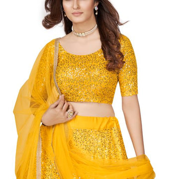 Yellow  Multi Sequins Work lehenga choli with Net dupatta