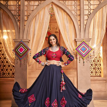 Navy Blue Thread,  Embroidered with all over mirror  Work  lehenga choli with  Viscose Rayon dupatta