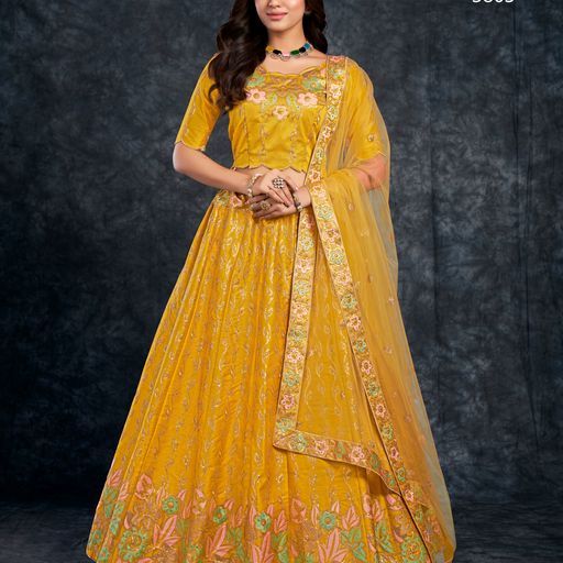 Yellow Diamond,Zari,Thread & Sequins  Embroidery Work   lehenga choli with  Net  dupatta