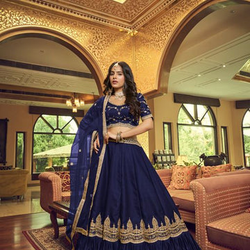 Blue Hand Work, Zari & Sequins Embroidery Work lehenga choli with Net dupatta