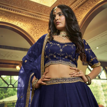 Blue Hand Work, Zari & Sequins Embroidery Work lehenga choli with Net dupatta